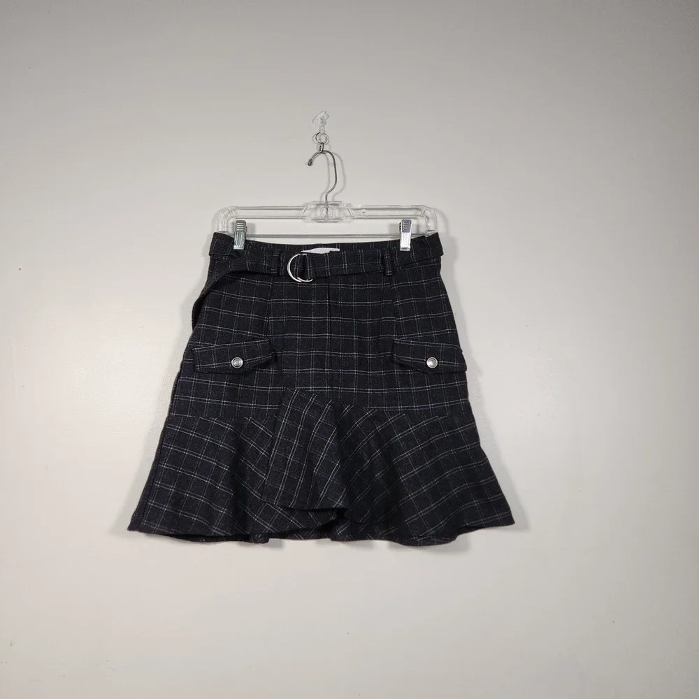 JOA Plaid Mini Skirt Medium Charcoal Blue Ruffle Hem Belted Schoolgirl Preppy